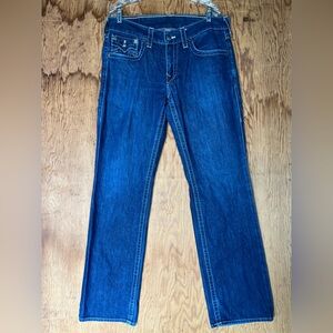 True Religion Jeans Mens 34 Blue Ricky Straight Distressed Flap Pockets Made USA